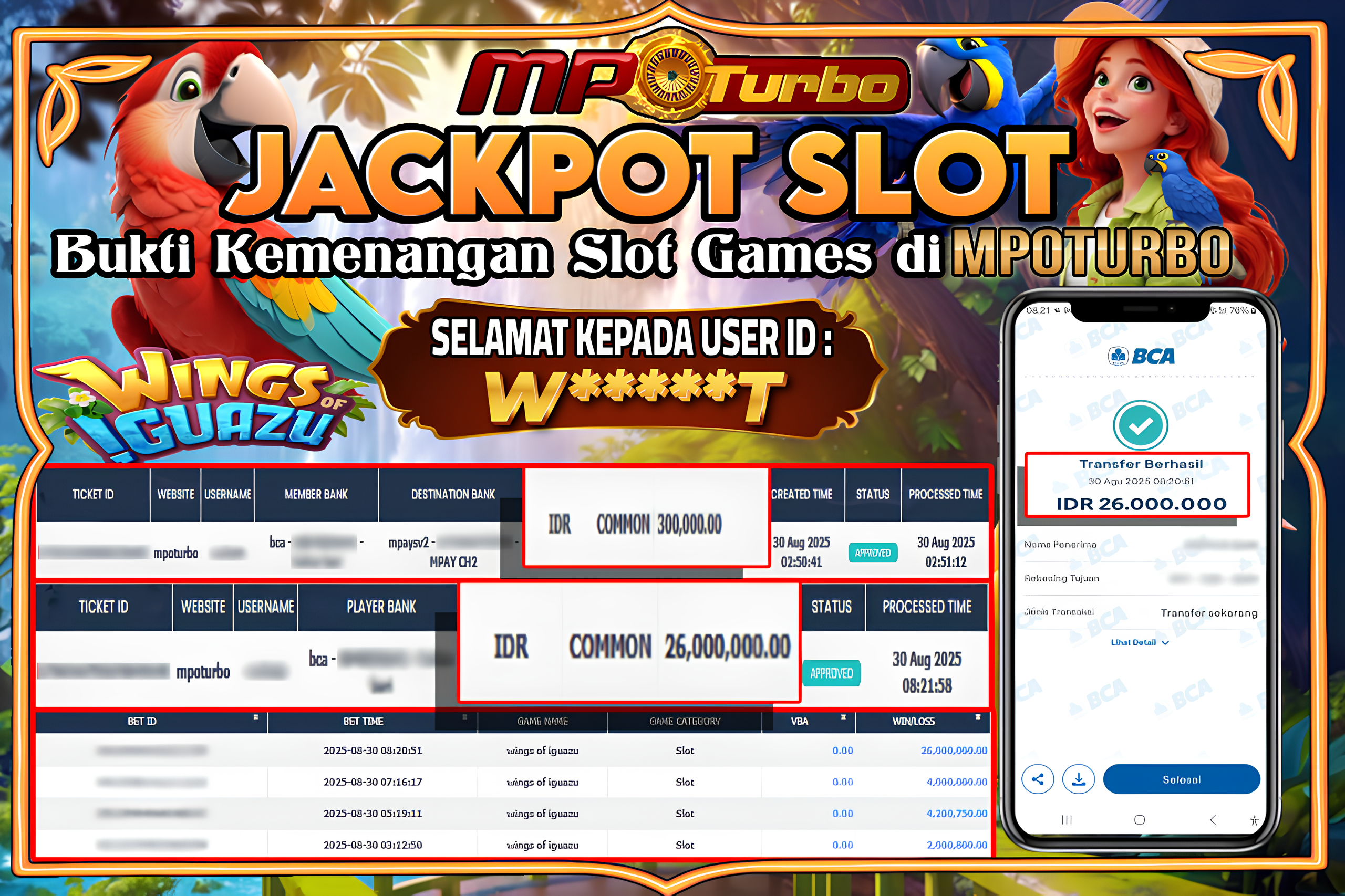 MPOTURBO JACKPOT SLOT WINGS OF IGUAZU - PG SOFT Rp 26,000,000.00,- LUNAS